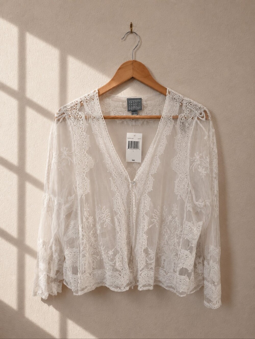 Rabbit Rabbit Rabbit Designs Romantic Lace Sheer Cardigan Top White L NWT